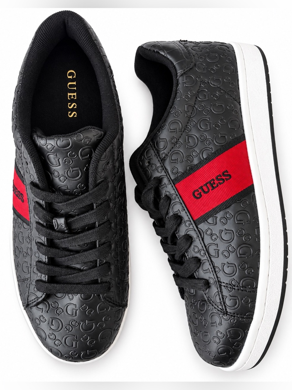 GUESS Black Men's Oxfords Embossed Logo Sneakers with Red Patch
